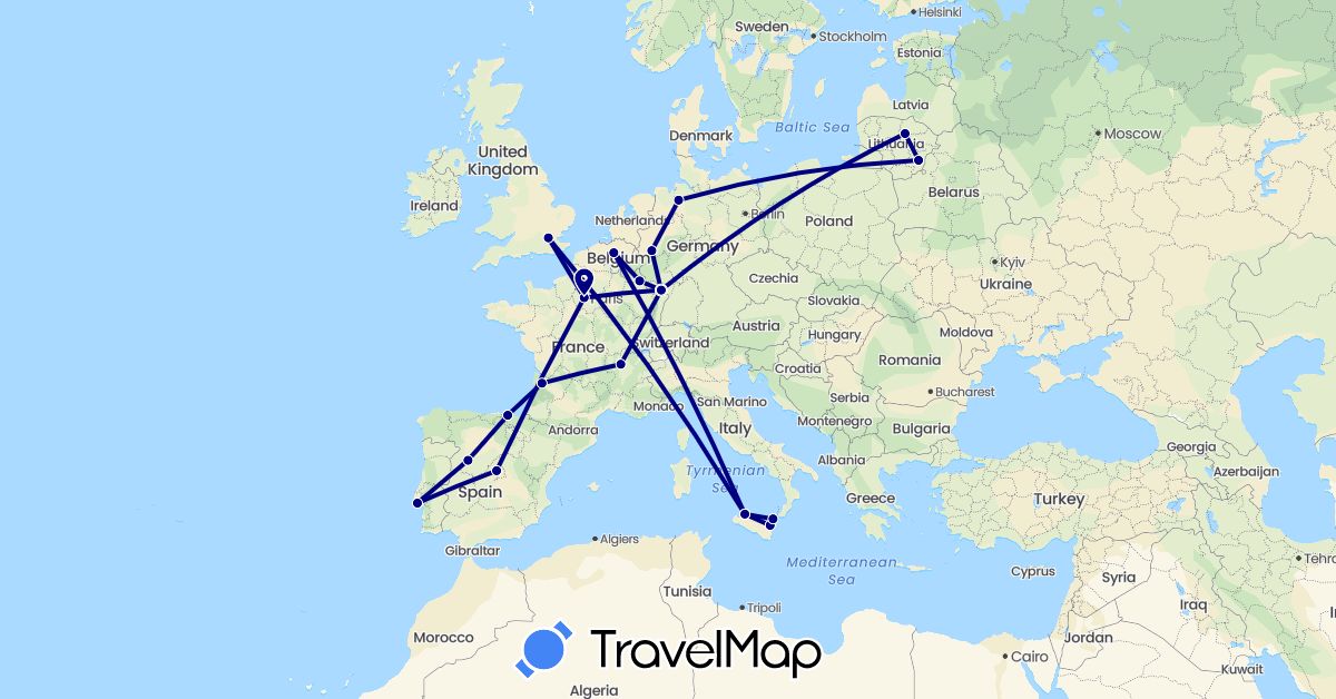 TravelMap itinerary: driving in Belgium, Germany, Spain, France, United Kingdom, Italy, Lithuania, Luxembourg, Portugal (Europe)